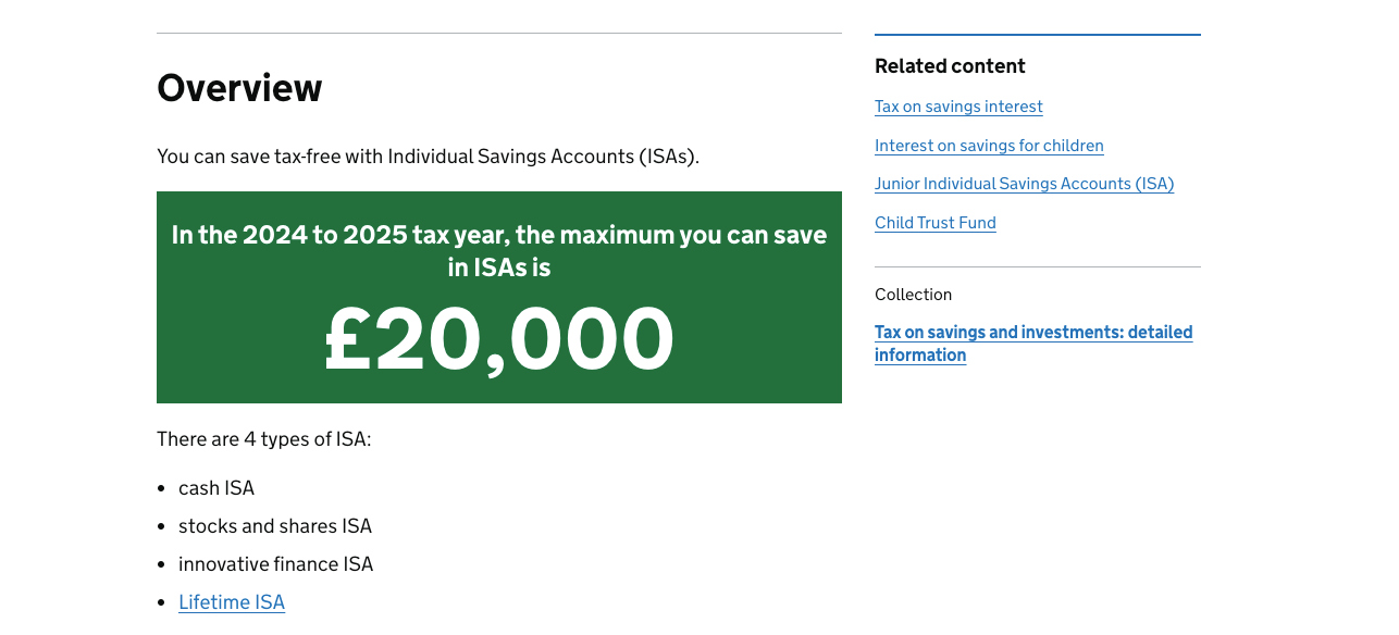 gov.uk ISA screenshot showing £20,000 max contribution